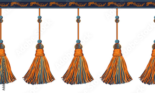Vector seamless border pattern. Horizontal decorative tassels from yarn or tread with beads, ropes, flat macrame style. Halloween theme elements, orange, red, black colors, perfect for decor, cards