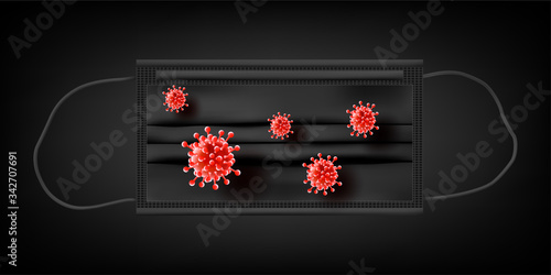 Black protective face mask or medical mask with dangerous cells. To protect coronavirus and infection. Stop flu virus and coronavirus. Pandemic medical concept with dangerous cells. 