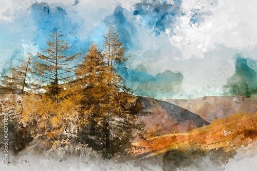 Digital watercolor painting of Majestic Autumn Fall landscape of backlit larch trees in Lake District viewed from Hallin Fell durnig a cold morning photo