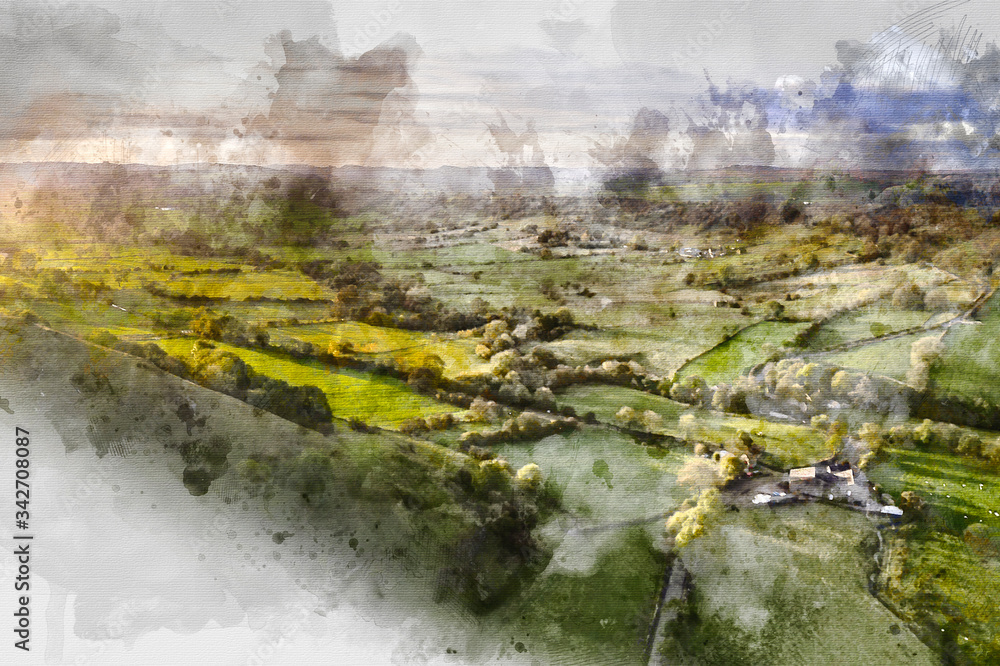 Digital watercolor painting of Stunning landscape image of Peak District countryside at sunrise on Autumn Fall morning