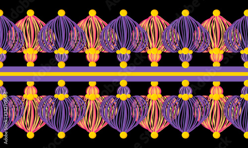 Vector seamless border pattern. Vivid neon elements on black background. Hearts tassels from yarn, tread, beads. Perfect for Valentine’s day, wedding celebrating decor, greeting cards, wallpaper