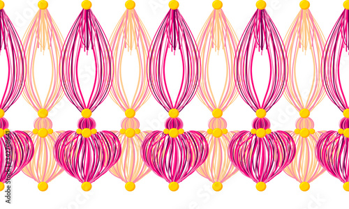 Vector seamless border pattern. Horizontal divider, hearts tassels from yarn, tread, beads. Perfect for Valentine’s day, wedding celebrating decor, greeting cards, wallpaper. Pink, rose, yellow