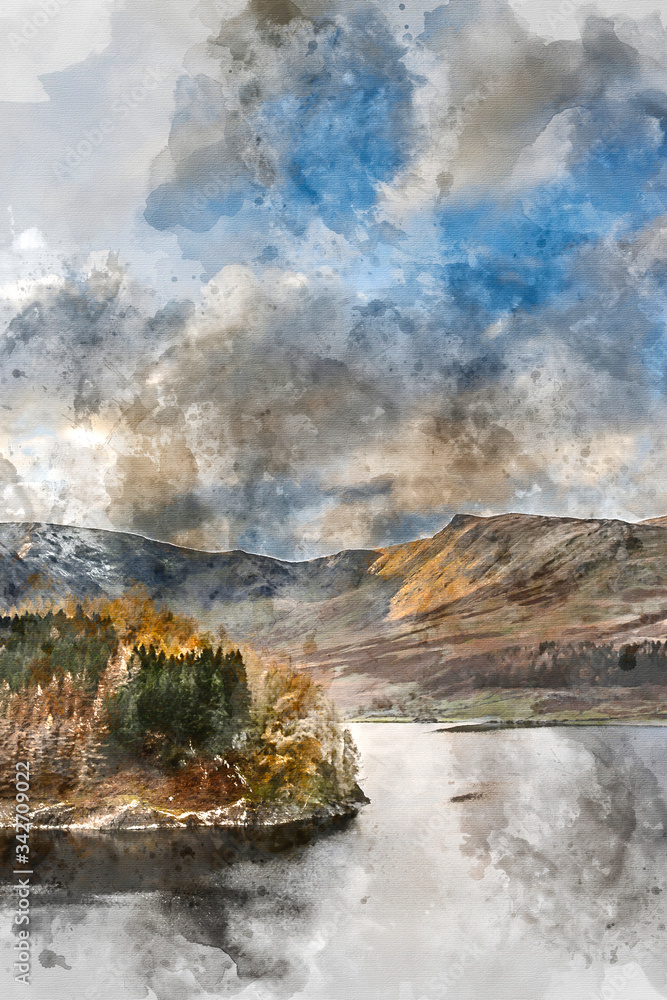 Digital watercolor painting of Stunning Autumn Fall landscape of Hawes Water with epic lighting and dramatic sunlight in Lake District