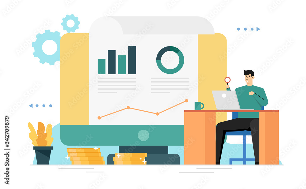 Man check business progress,Business growth and investment in finance,Graph reporting,Computer,Report paper,Website banner vector illustration landing page Man check business progress,Business growth and investment in finance,Graph reporting,Computer,Report paper,Website banner vector illustration landing page