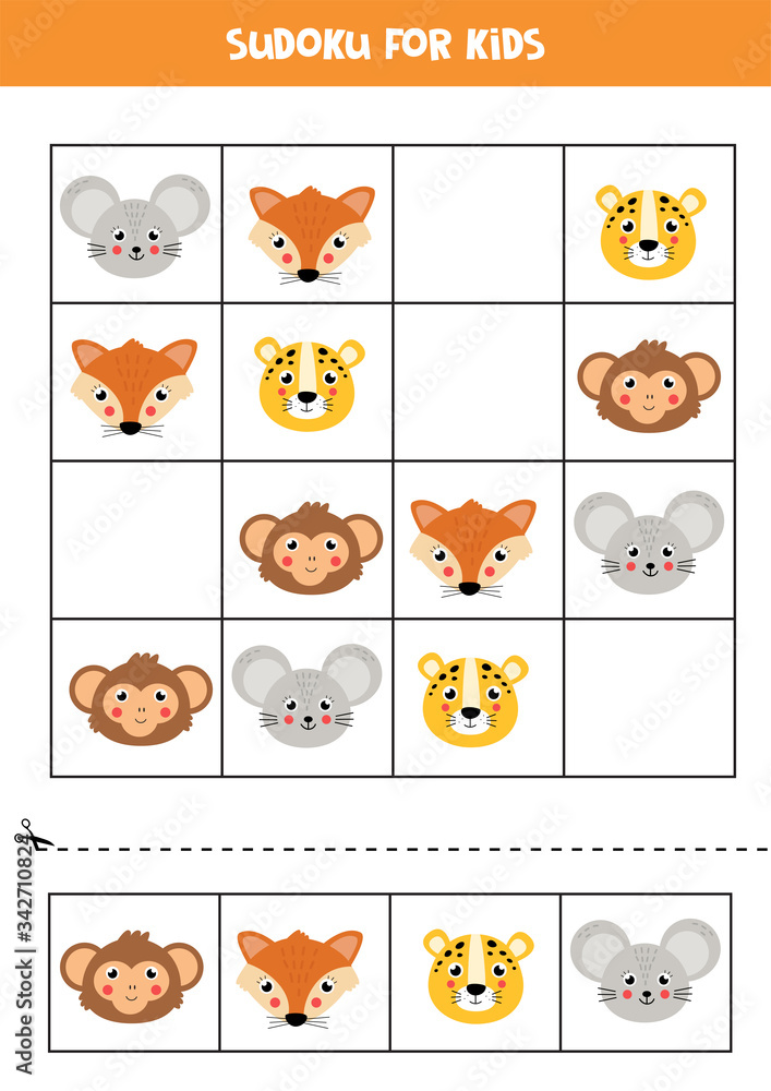 Fototapeta premium Sudoku with cute and happy animal faces.