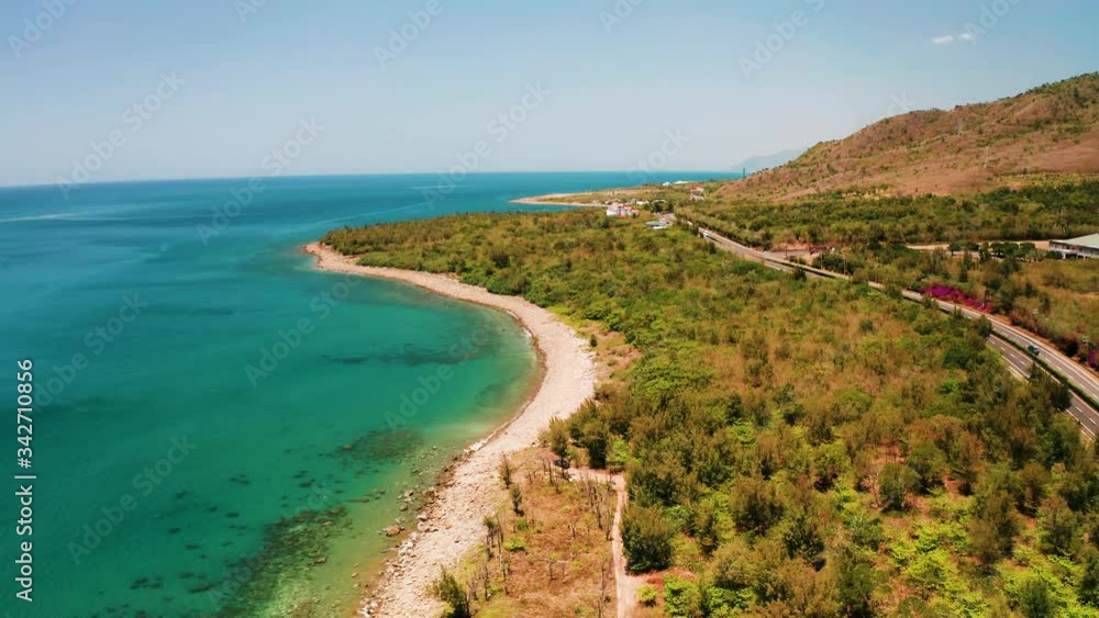 Aerial view of landscape and coastline with road seascape Aerial view of landscape and coastline with road seascape
