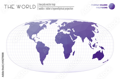 Triangular mesh of the world. Waldo R. Tobler's hyperelliptical projection of the world. Purple Shades colored polygons. Contemporary vector illustration.
