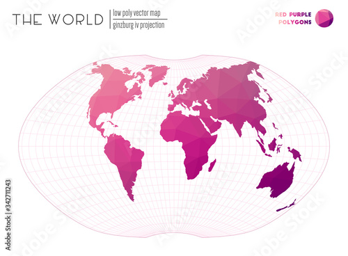 World map with vibrant triangles. Ginzburg IV projection of the world. Red Purple colored polygons. Stylish vector illustration.