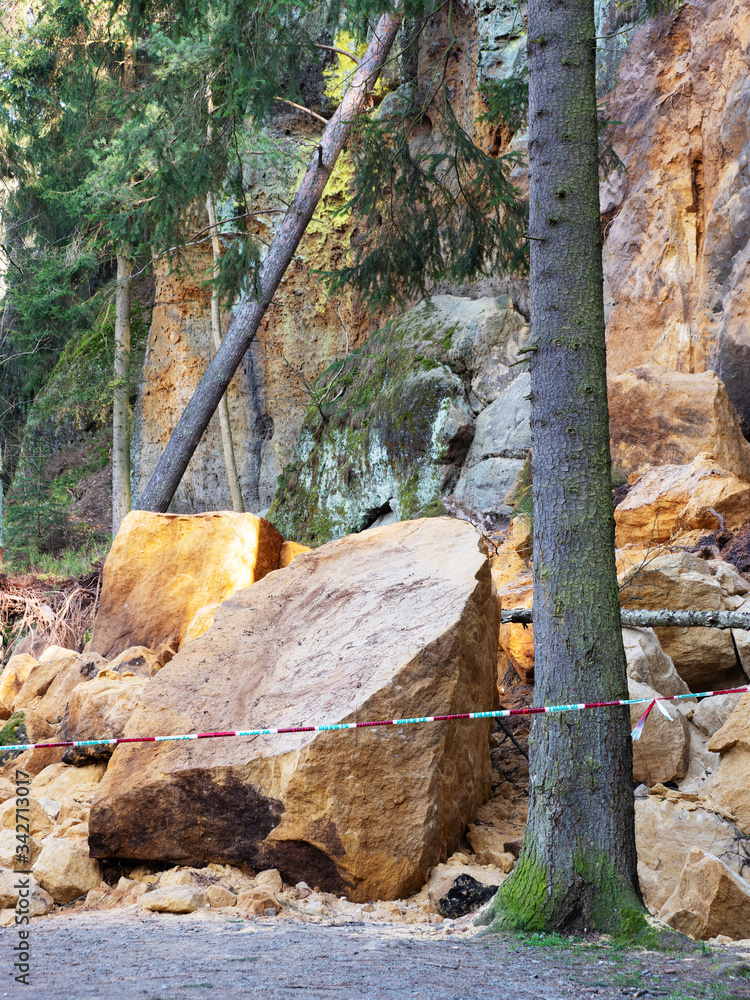 Fototapeta premium Do not entry zone. Collapsed rock massive from hill.