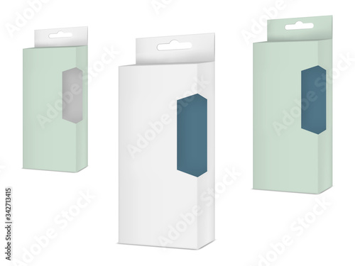 Blank empty paperboard box with transparent plastic window and hang hole isolated on white background, vector template