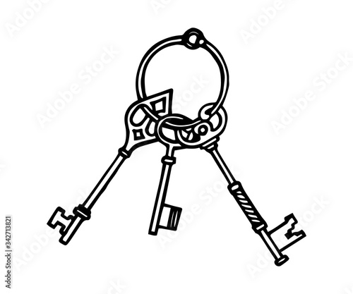 Bunch of keys hand drawn isolated silhouette on a white background. Doodle vector illustration for greeting cards, posters, stickers.