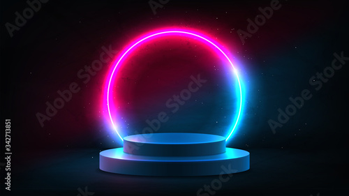 Abstract neon background with pedestal. 3d podium with pink and blue neon circle. Dark background for promotion goods. Vector illustration with blank space. Minimal concept banner. Mockup template.