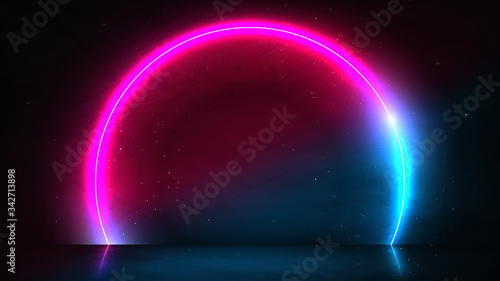 Abstract neon banner concept. 3d pink and blue neon circle. Dark background for promotion goods. Vector illustration with blank space. Minimal concept banner. Mockup template.