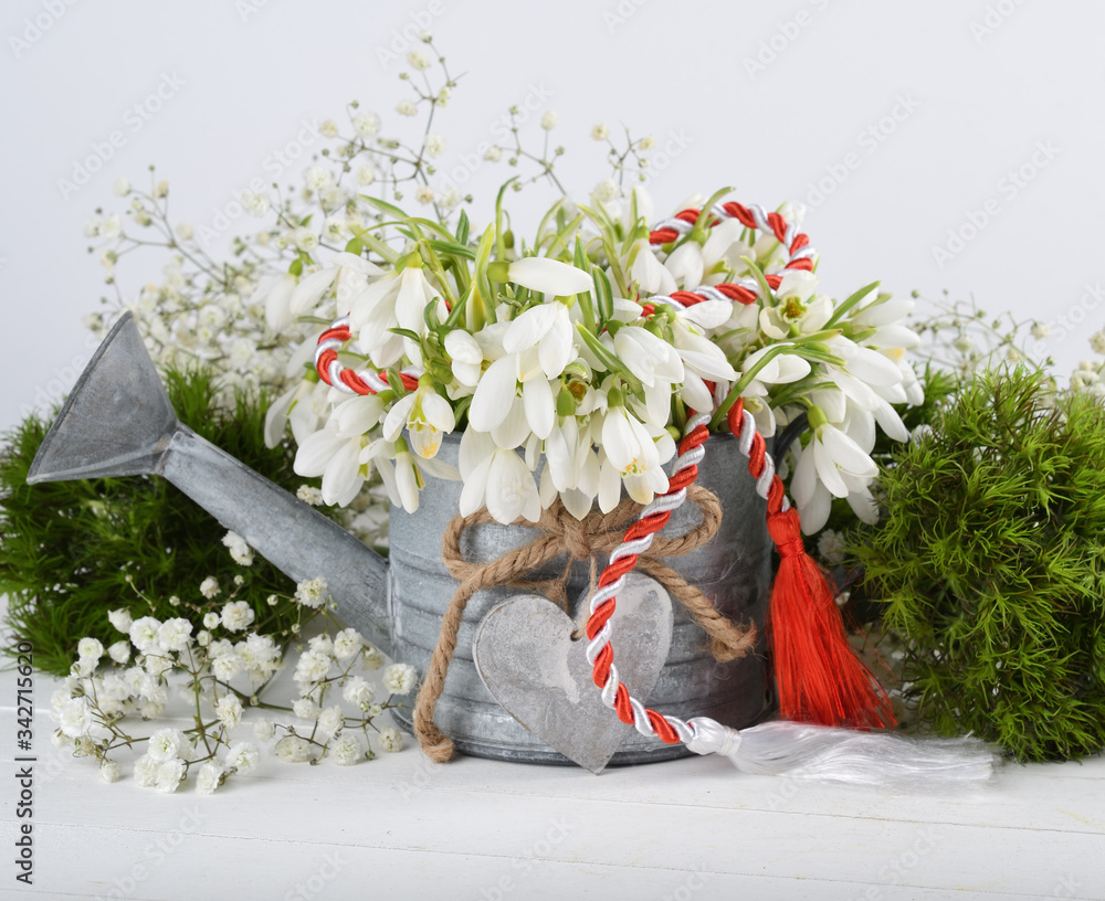 Spring time flowers like snowdrops, hyacinth and roses, isolated on yellow  simple background, spring symbol and traditional romanian "Martisor", "1  martie" festive on 1st of march Stock Photo | Adobe Stock