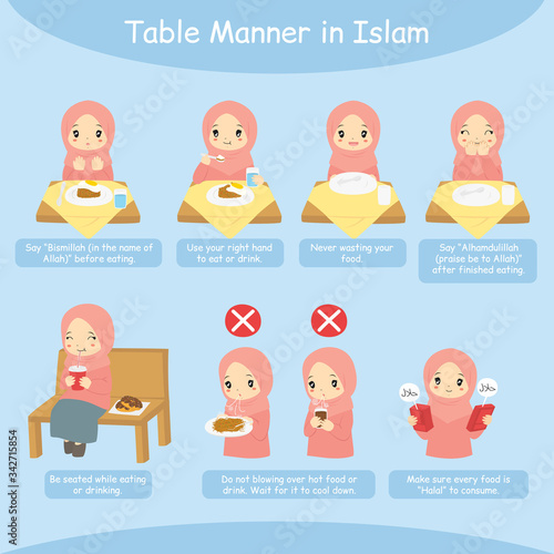 Table manner in Islam, for kids. Muslim girl performing Islamic table manner steps. Teaching children the Islamic manners of eating and drinking