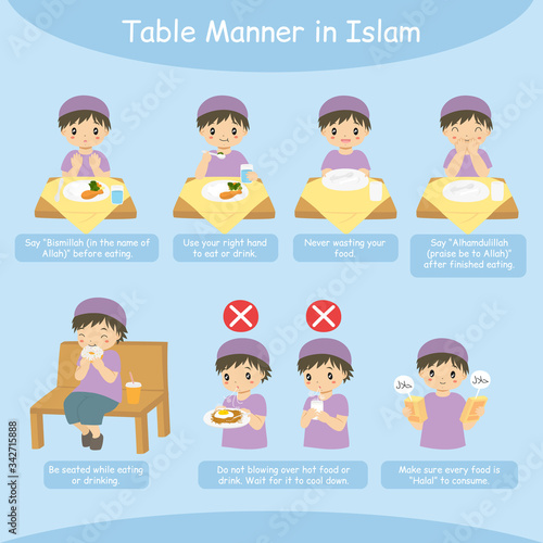 Table manner in Islam, for kids. Muslim boy performing Islamic table manner steps. Teaching children the Islamic manners of eating and drinking photo