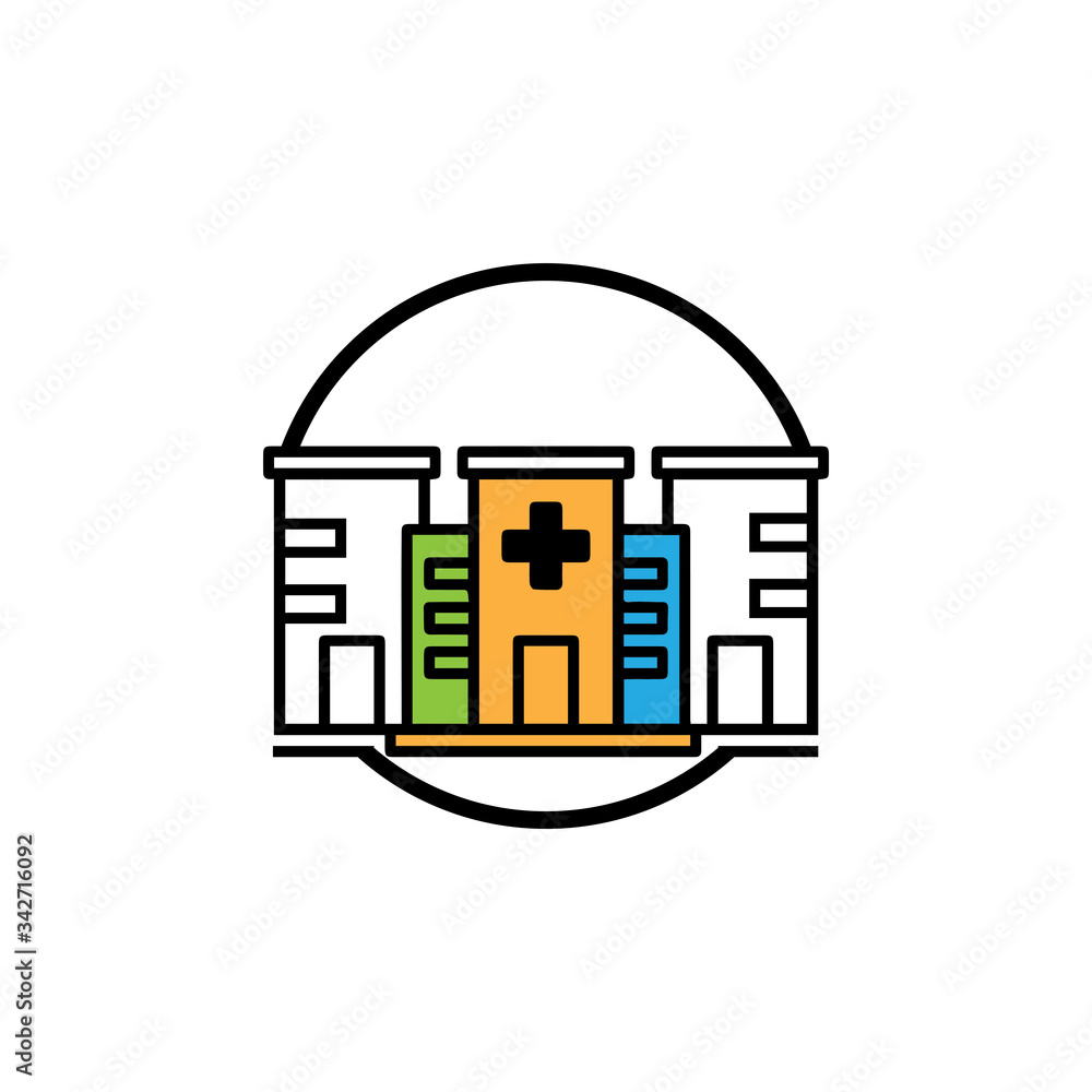 Vector icon of hospital building front silhouette on white background Vector icon of hospital building front silhouette on white background