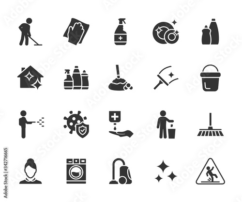 Vector set of cleaning flat icons. Contains icons disinfection, detergents, maid, laundry, cleaning services, wet floor, virus protection and more. Pixel perfect.