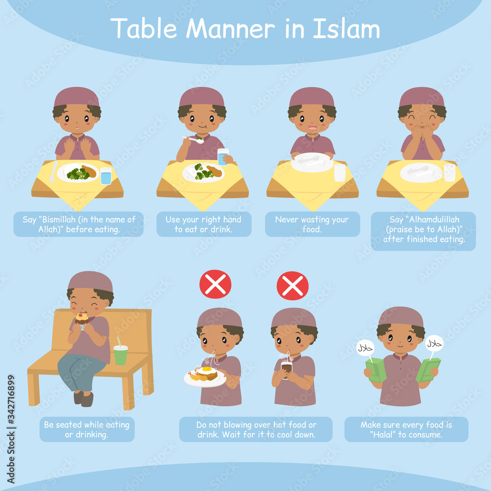 Table manner in Islam, for kids. Muslim African American boy performing