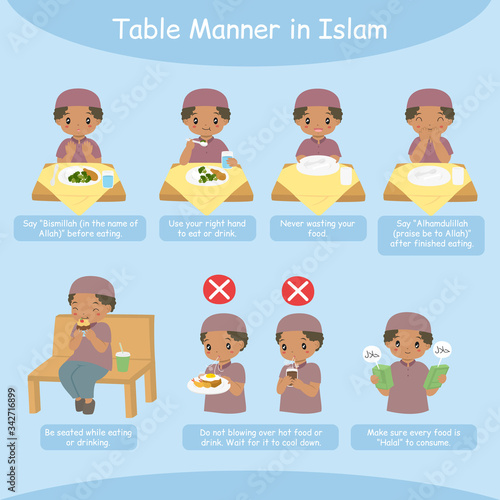 Table manner in Islam, for kids. Muslim African American boy performing Islamic table manner steps. Teaching children the Islamic manners of eating and drinking