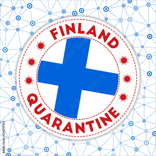 Quarantine in Finland sign. Round badge with flag of Finland. Country lockdown emblem with title and virus signs. Vector illustration.