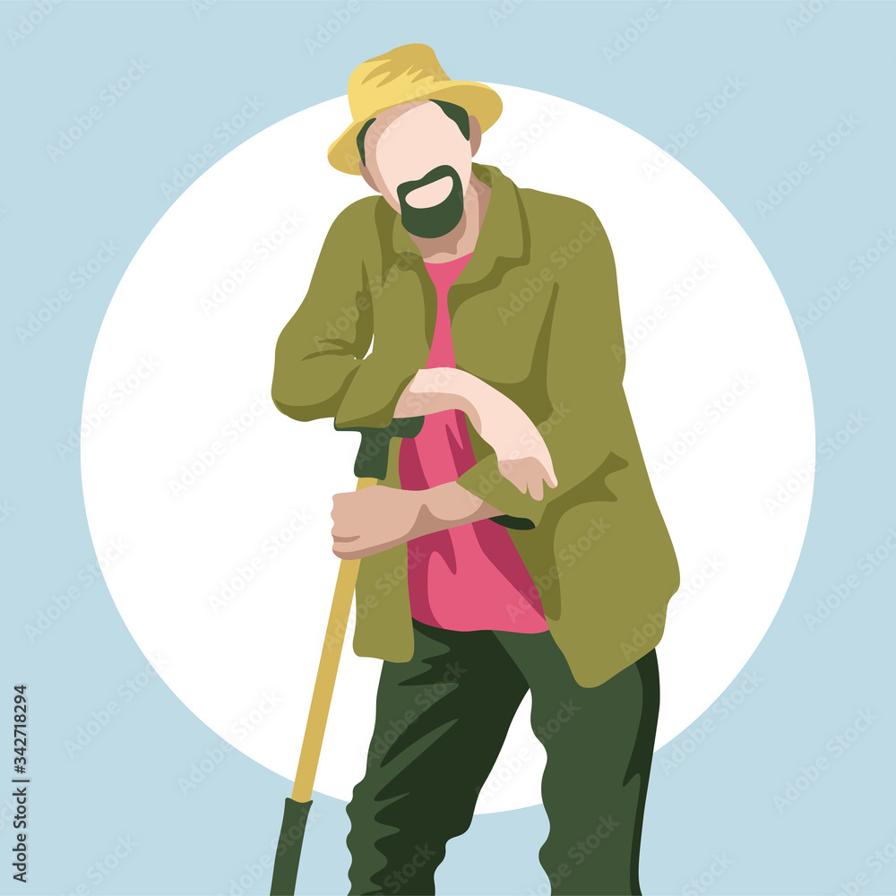 Vector gardener with beard and hat. Men with pink t-shirt on blue background Vector gardener with beard and hat. Men with pink t-shirt on blue background