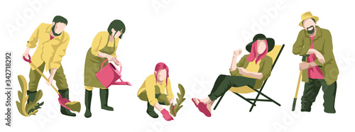 Vector set of 5 gardeners.  Isolated Garden humans with supplies on white background