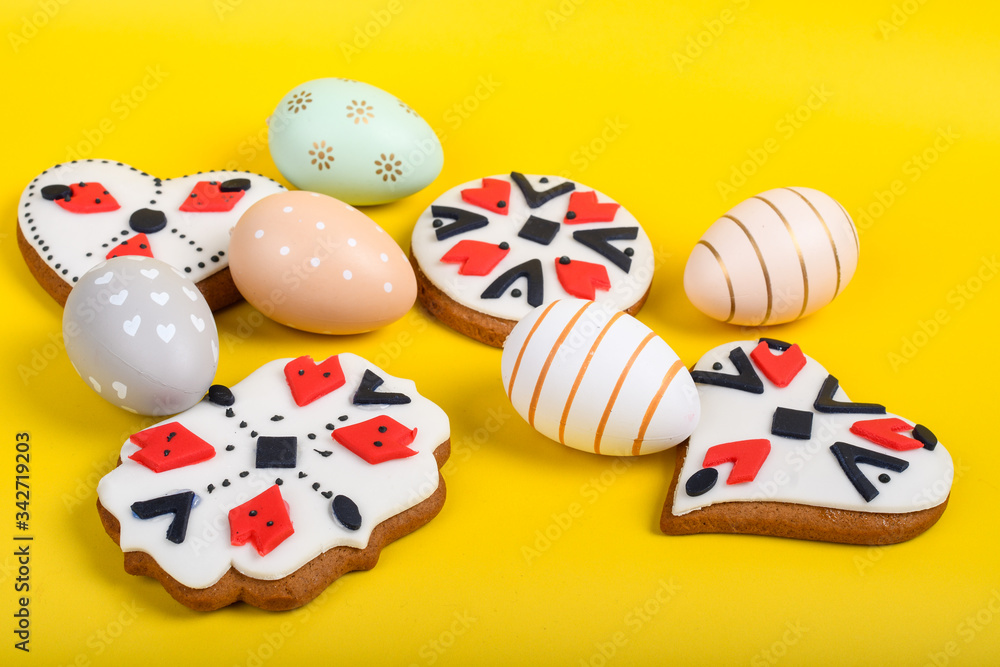 Milk and cookies for Easter, Christmas, 1st of March, 8th of march, Martenitsa or Martisor Day, Xmas, Valentine's Day Brunch buffet concept.Handmade dessert artisanal authentic and traditional pattern