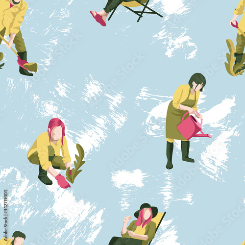 Seamless pattern with gardeners on a blue background. Men and women in the garden illustration