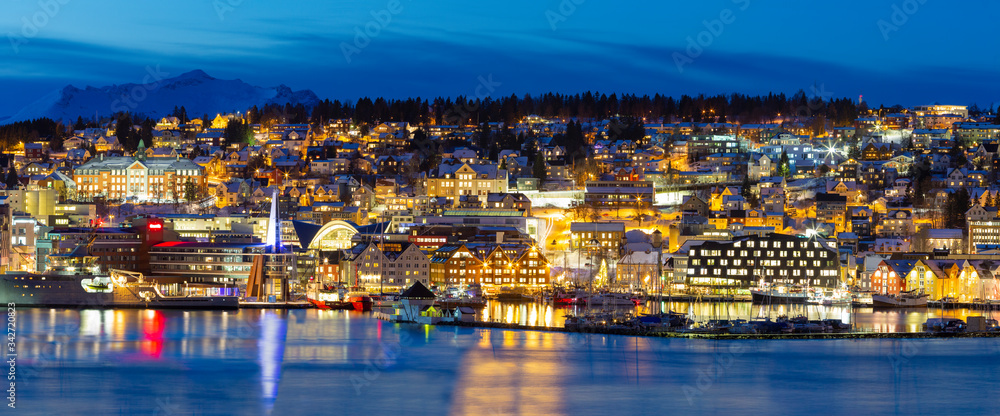 Panoramic view on Tromso By Polar Night,  Winter Time, Christmas in Tromso, Norway