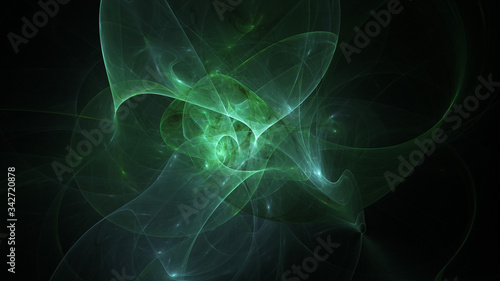 Abstract green chaotic glass shapes. Colorful fractal background. Digital art. 3d rendering.