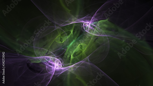 Abstract green and pink chaotic glass shapes. Colorful fractal background. Digital art. 3d rendering.