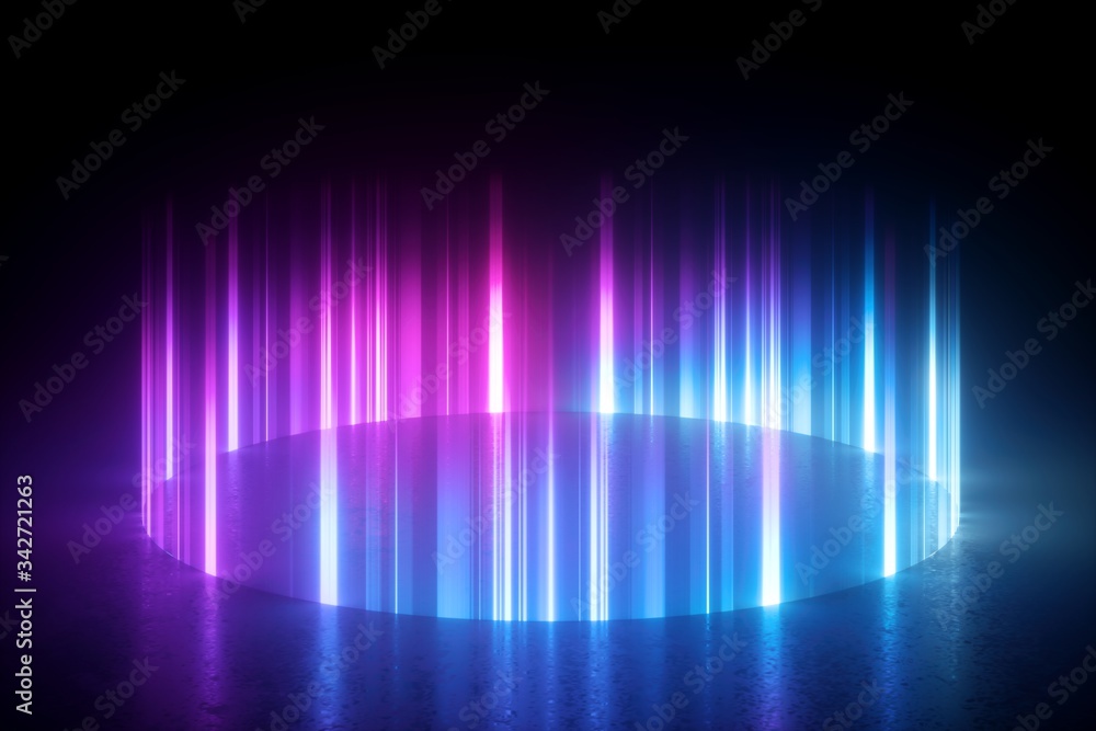 3d render, digital illustration. Abstract neon light background. Glowing round shape on the floor. Pink blue vertical rays. Plasma effect