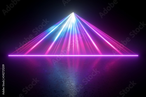 3d render, digital illustration. Neon light abstract background, pink blue rays, projecting laser, scanning effect, bright stage projector