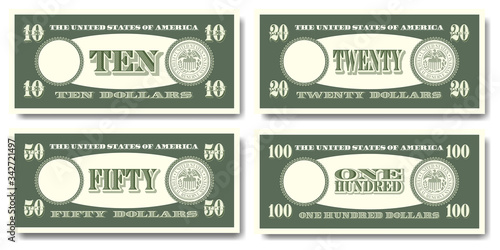US fictitious green paper money in denominations of  ten, twenty, fifty and one hundred dollars Part two