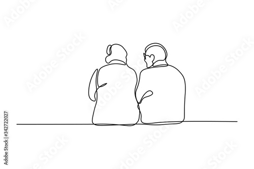 Elderly couple in continuous line art drawing style. Back view of senior people sitting together and talking. Minimalist black linear sketch isolated on white background. Vector illustration