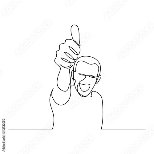 Happy smiling man with thumb up hand gesture in continuous line art drawing style. Person showing like sign minimalist black linear sketch isolated on white background. Vector illustration