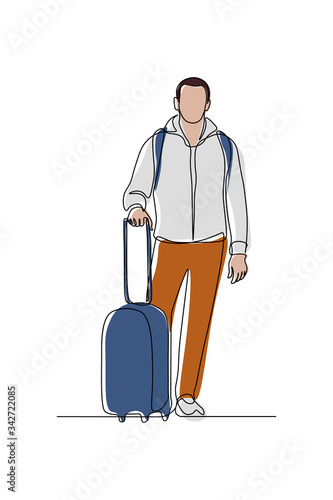 Man with luggage in continuous line art drawing with coloring. Tourist in casual clothes with suitcase and backpack ready for traveling linear sketch isolated on white background. Vector illustration