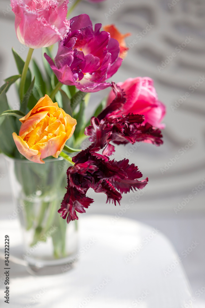 Bouquet of vivid colorful decorative tulips