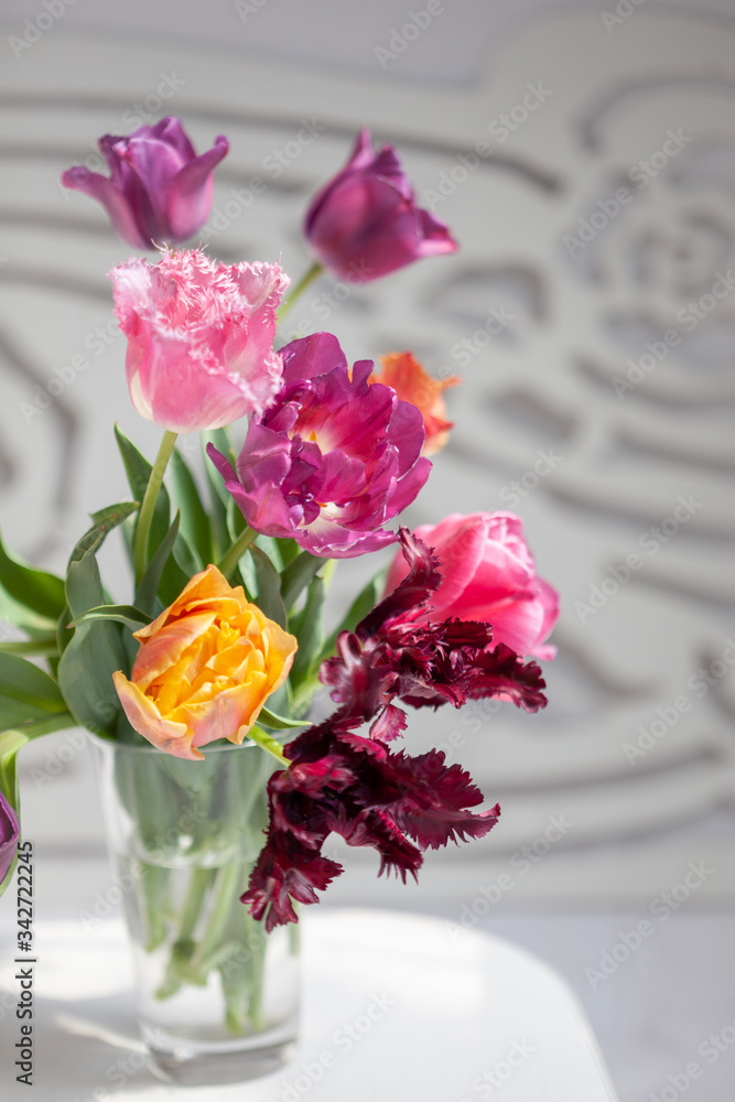 Bouquet of vivid colorful decorative tulips