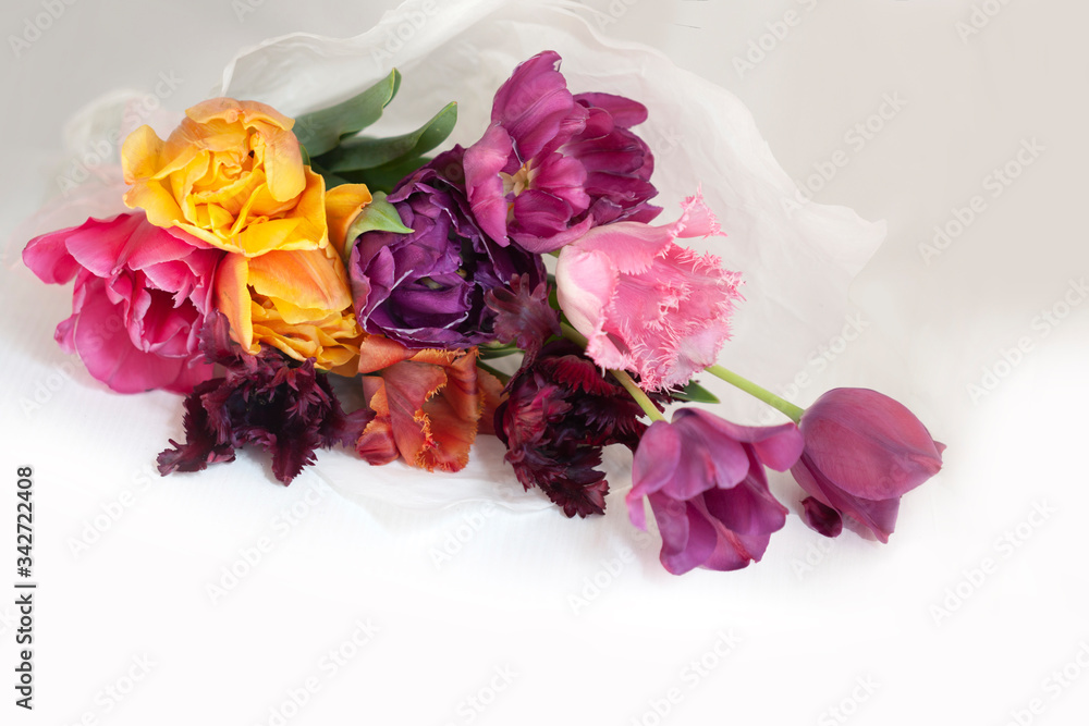 Bouquet of vivid colorful decorative tulips
