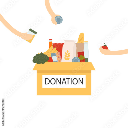Coronavirus donation food. Donation box with food and hands giving goodies. Box with different types of food supplies. Vector Illustration