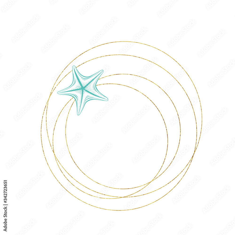 Marine art wreath, seastar and ocean seashell sketch circles, vector gold geometric frame. Turquoise underwater reef corals on white background for wedding, summer travel and tropical vacations design Marine art wreath, seastar and ocean seashell sketch circles, vector gold geometric frame. Turquoise underwater reef corals on white background for wedding, summer travel and tropical vacations design
