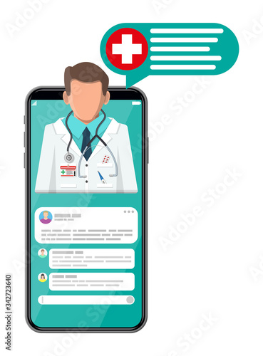 Mobile phone with internet pharmacy shopping app. Pills and bottles, medicine online. Medical assistance, help, support online. Health care application on smartphone. Vector illustration in flat style