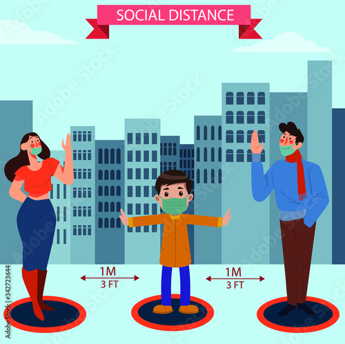 Social distancing, keep distance in public society people to protect from COVID-19 coronavirus outbreak spreading concept. Steps to protect yourself. Keep the 1 meter distance. Vector illustration.