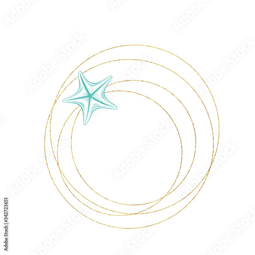 Marine art wreath, seastar and ocean seashell sketch circles, vector gold geometric frame. Turquoise underwater reef corals on white background for wedding, summer travel and tropical vacations design