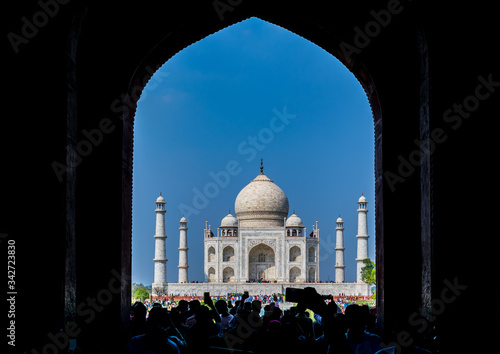 Agra, Uttar Pradesh, India- Feb, 2020 : The first glimpse of the Taj from the front gate, Taj Mahal, Agra, Uttar Pradesh, India	
