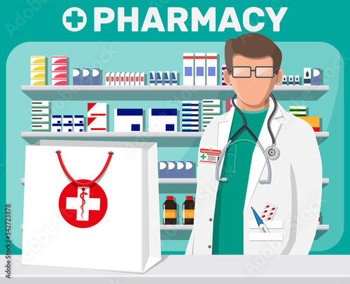 Modern interior of pharmacy and male pharmacist. Medicine pills capsules bottles vitamins and tablets. Drugstore showcase. Shelves with medicines. Medical drug, healthcare. Flat vector illustration