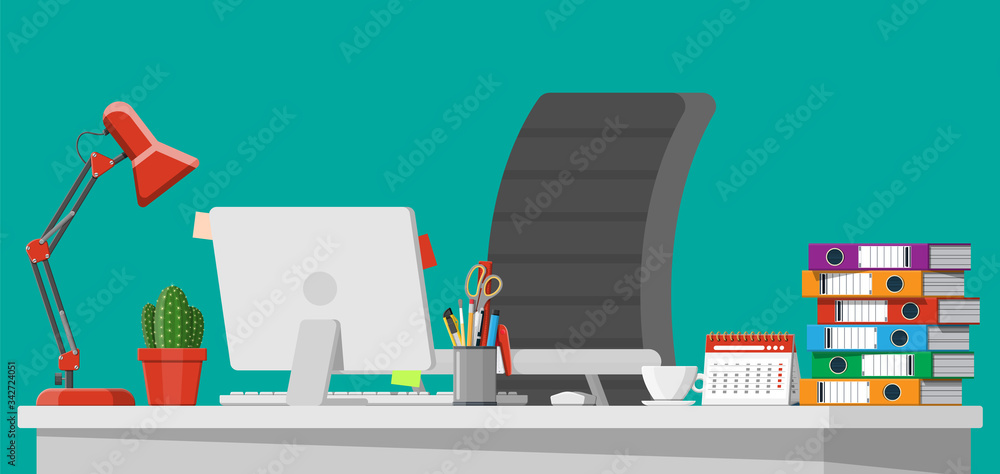 Office desk with computer chair, lamp, coffee cup, cactus document papers. Calendar, stationery, folders. Modern business workplace. Home workspace table. Vector illustration flat style