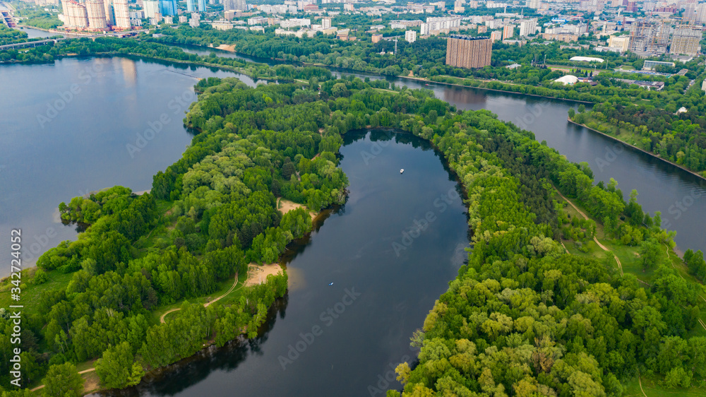 Aerial landscape photo of Moscow city, Russia. Green park. Natural scenery. Pine forest. drone photo
